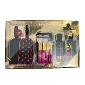 Isaac Mizrah New York Black Pink Luggage Tags Travel Bottles Makeup Brush Set